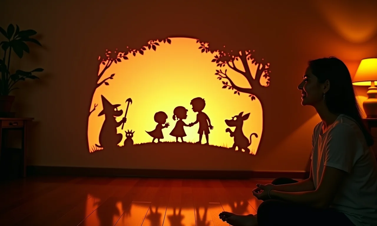 Teatrinho de sombras com personagens de contos de fadas.