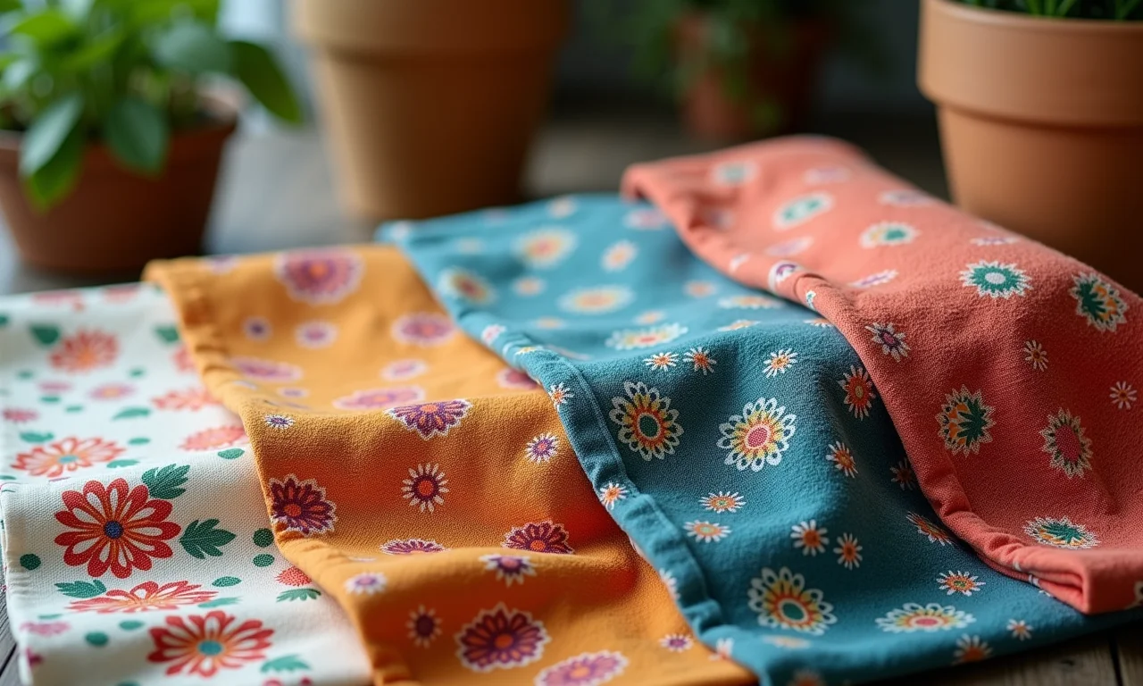 Tecidos de algodão estampados em cores vibrantes e texturas diversas.