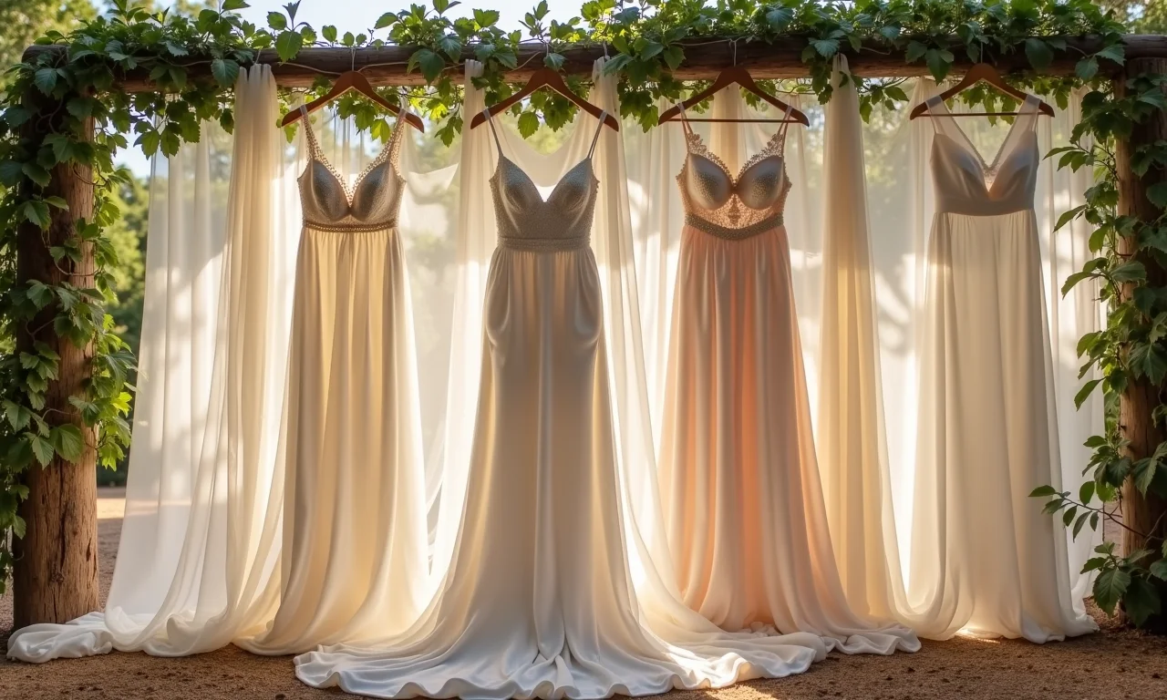 Tecidos leves e fluidos em um casamento rústico, vestidos esvoaçantes em cenário campestre.