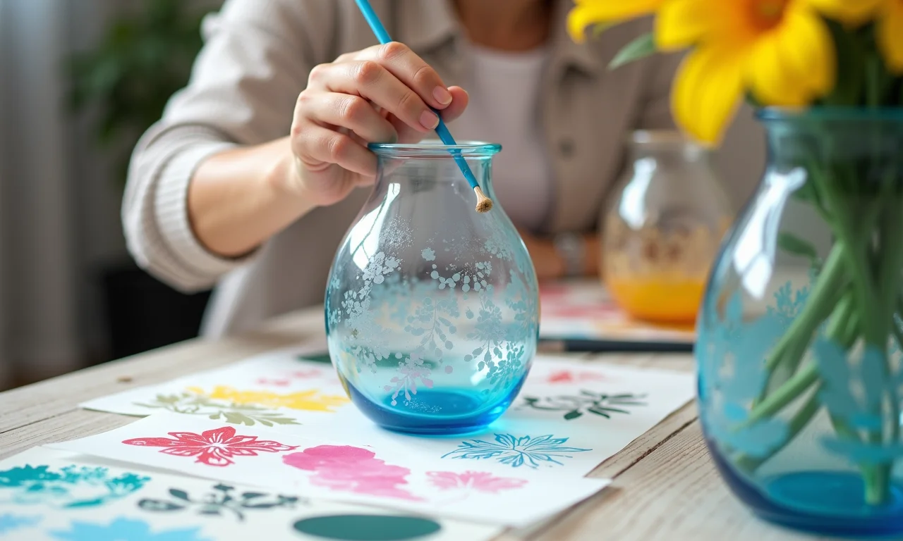 Técnica de pintura em vidro com stencils e tintas coloridas.