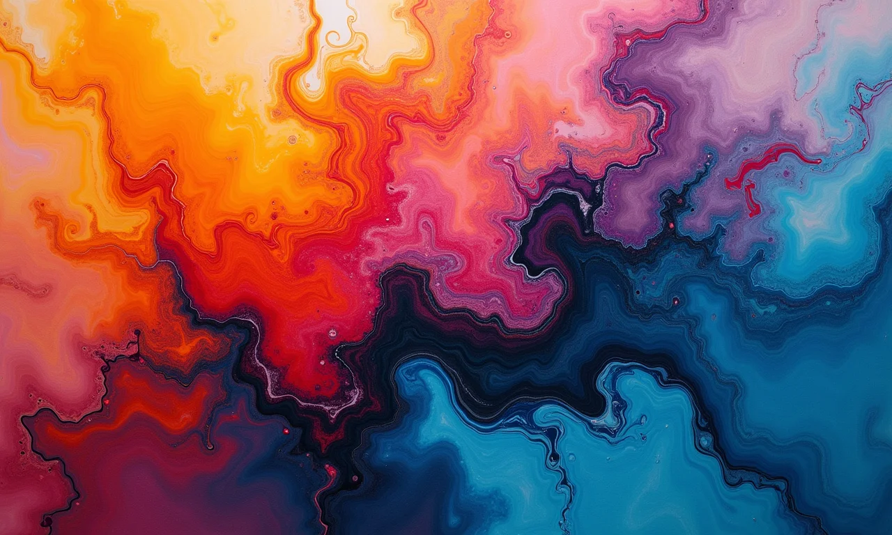 Técnica Dirty Pour em pintura fluida, padrões abstratos e cores vibrantes.