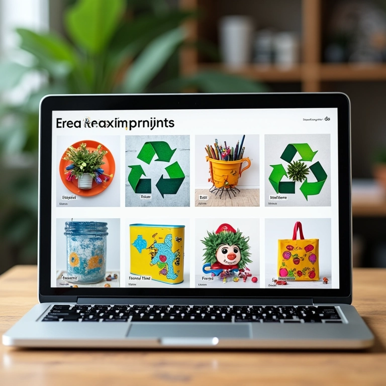Tela de laptop mostrando ideias criativas de reciclagem.