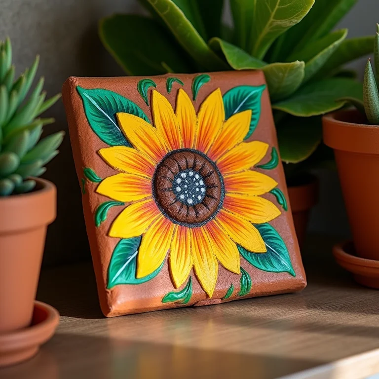 Telha de barro pintada com girassol decorando estante