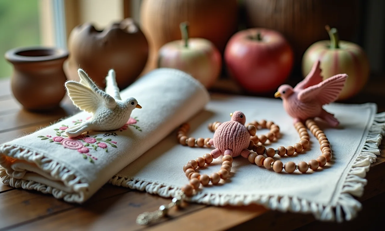 Terços de crochê e panos bordados como lembrancinhas artesanais.