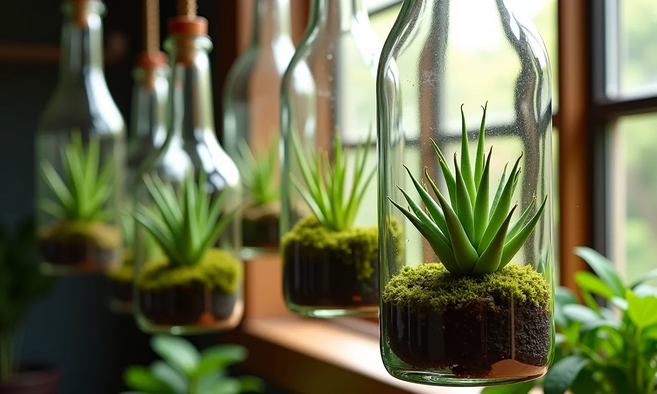 Terrários suspensos feitos de garrafas de vidro recicladas, preenchidos com plantas e musgo.