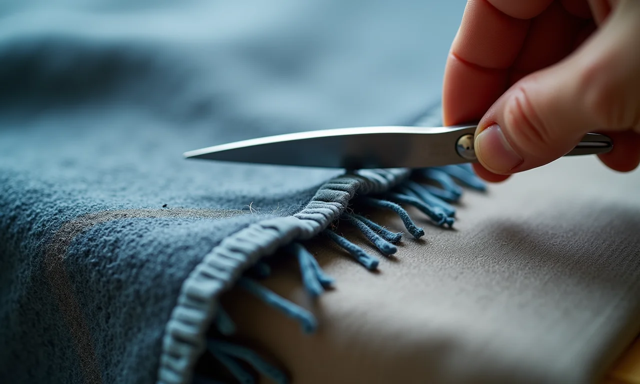 Tesoura cortando borda de feltro para evitar desfiados.