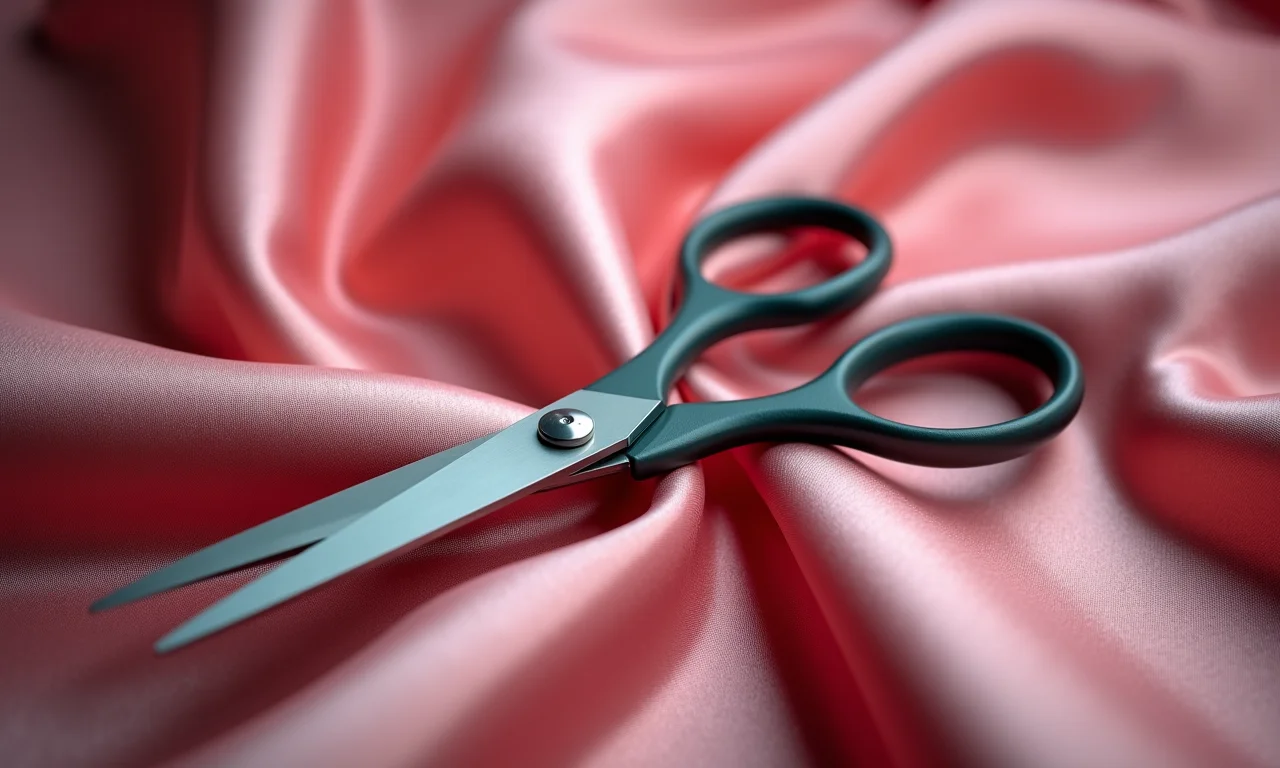 Tesoura cortando cetim com precisão.