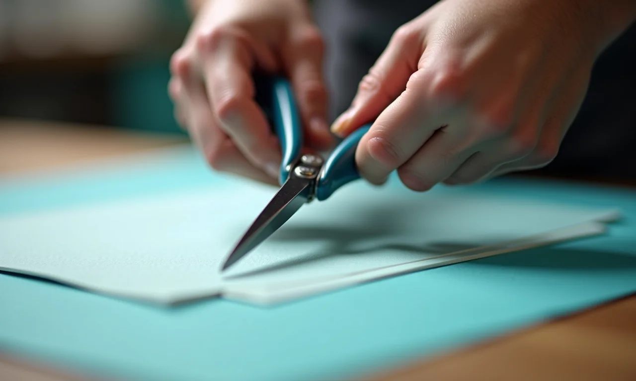 Tesoura cortando EVA, trabalho de precisão.