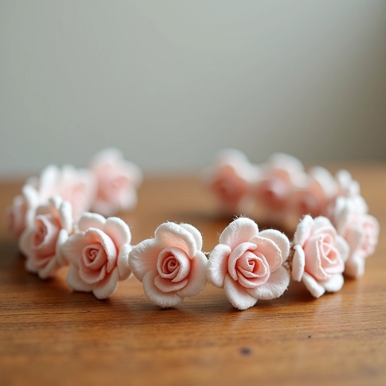Tiara minimalista de flor de feltro sobre mesa de madeira com luz natural.