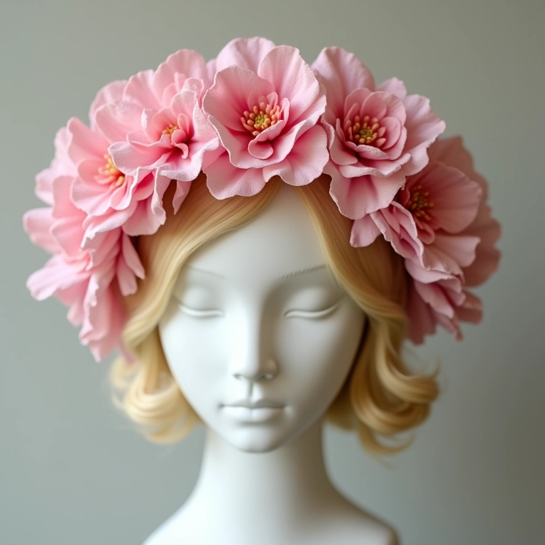 Tiara romântica de flor de feltro com babados exibida em manequim.