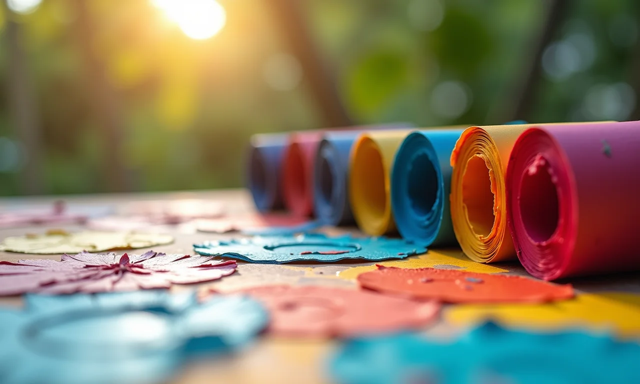 Tinta guache e artesanatos pintados com rolos de papel.