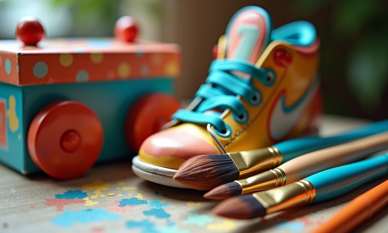 Tintas e pincéis da Acrilex ao lado de um brinquedo feito de caixa de sapato.