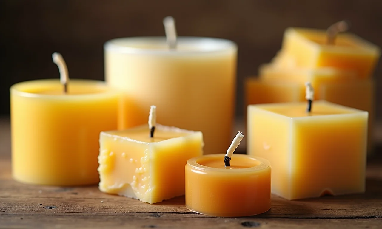 Tipos de cera para velas: soja, abelha, coco.