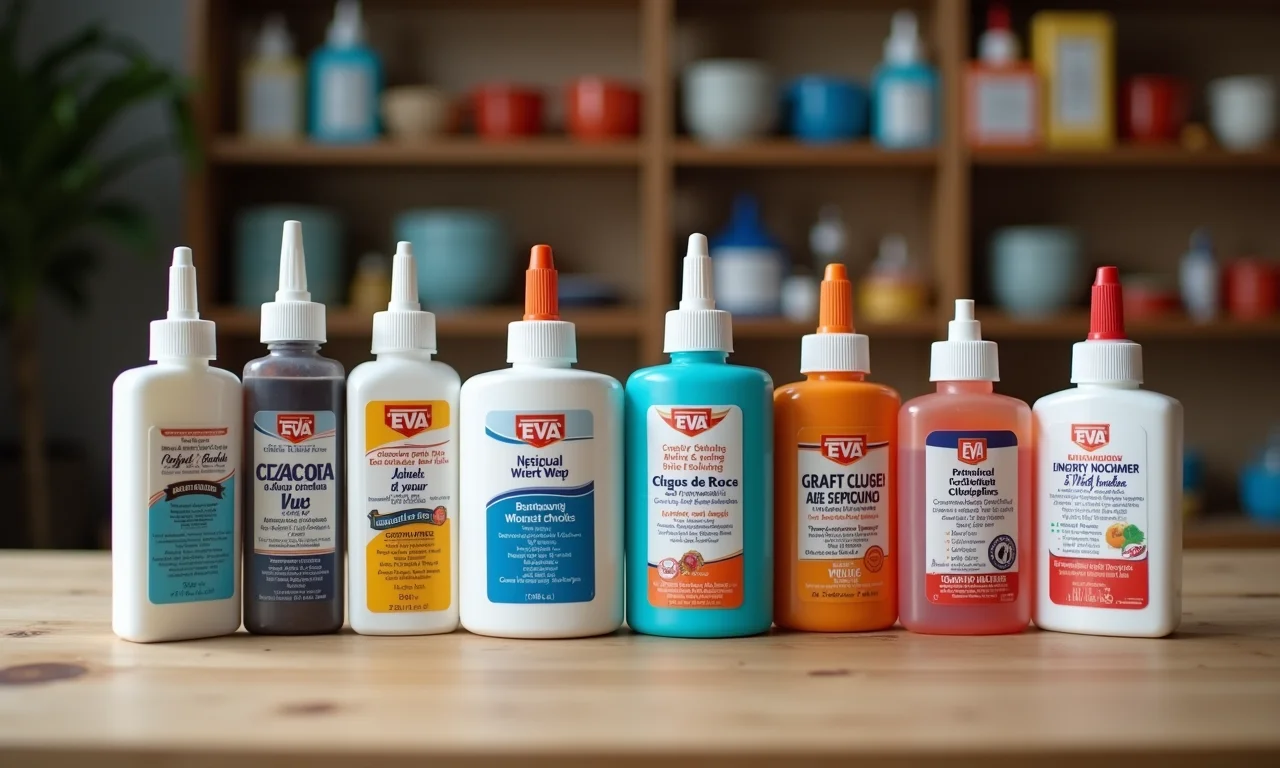 Tipos de cola para usar no EVA, mesa de artesanato.