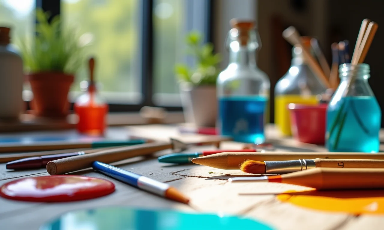 Tipos de tinta e pincéis ao lado de garrafa de vidro em mesa de artesanato.