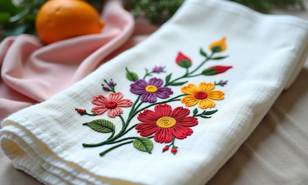 Toalha bordada à mão com flores delicadas em ponto cruz.