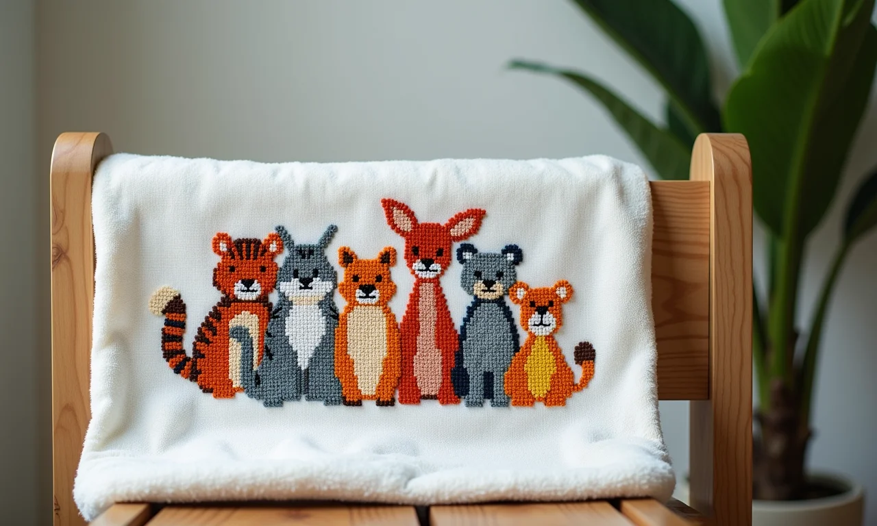 Toalha de ponto cruz com bichinhos divertidos bordados.