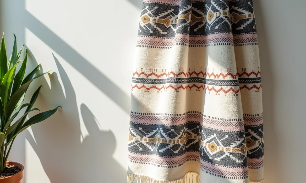 Toalha de ponto cruz com motivos geométricos modernos.