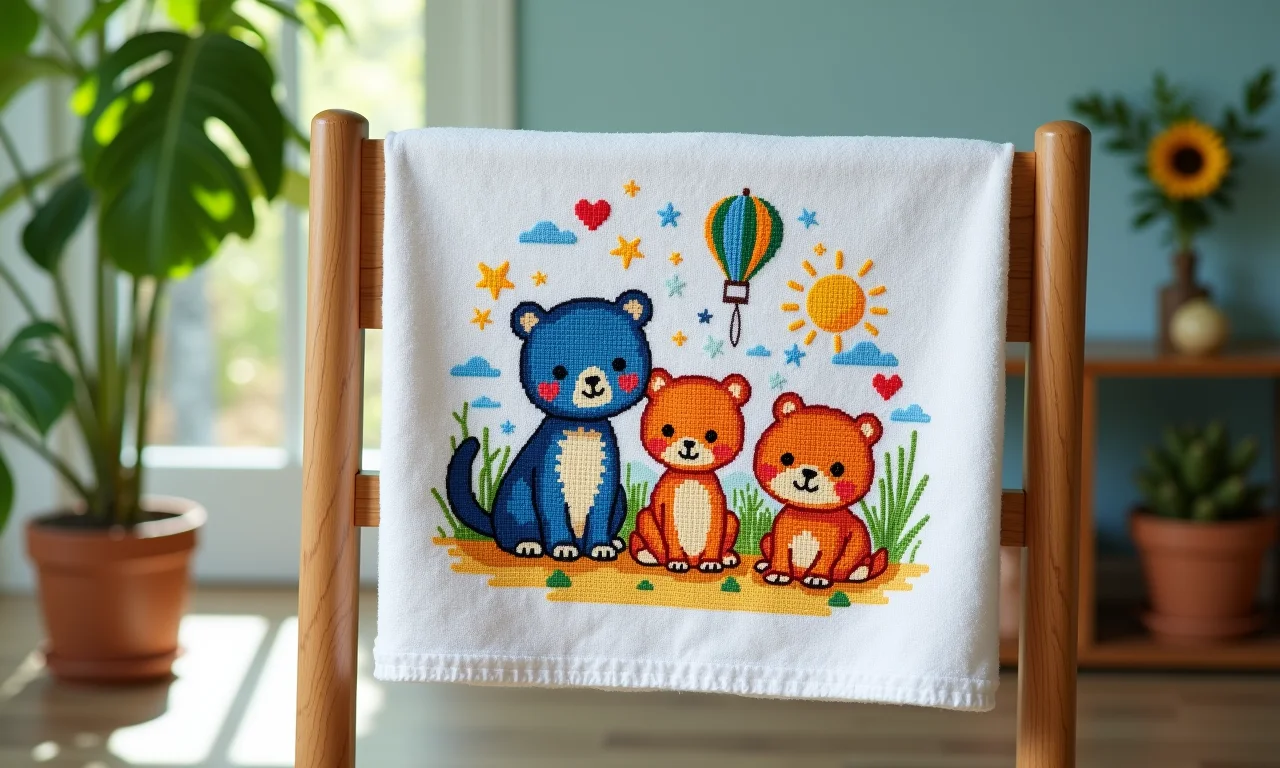 Toalha de ponto cruz com temas infantis encantadores.