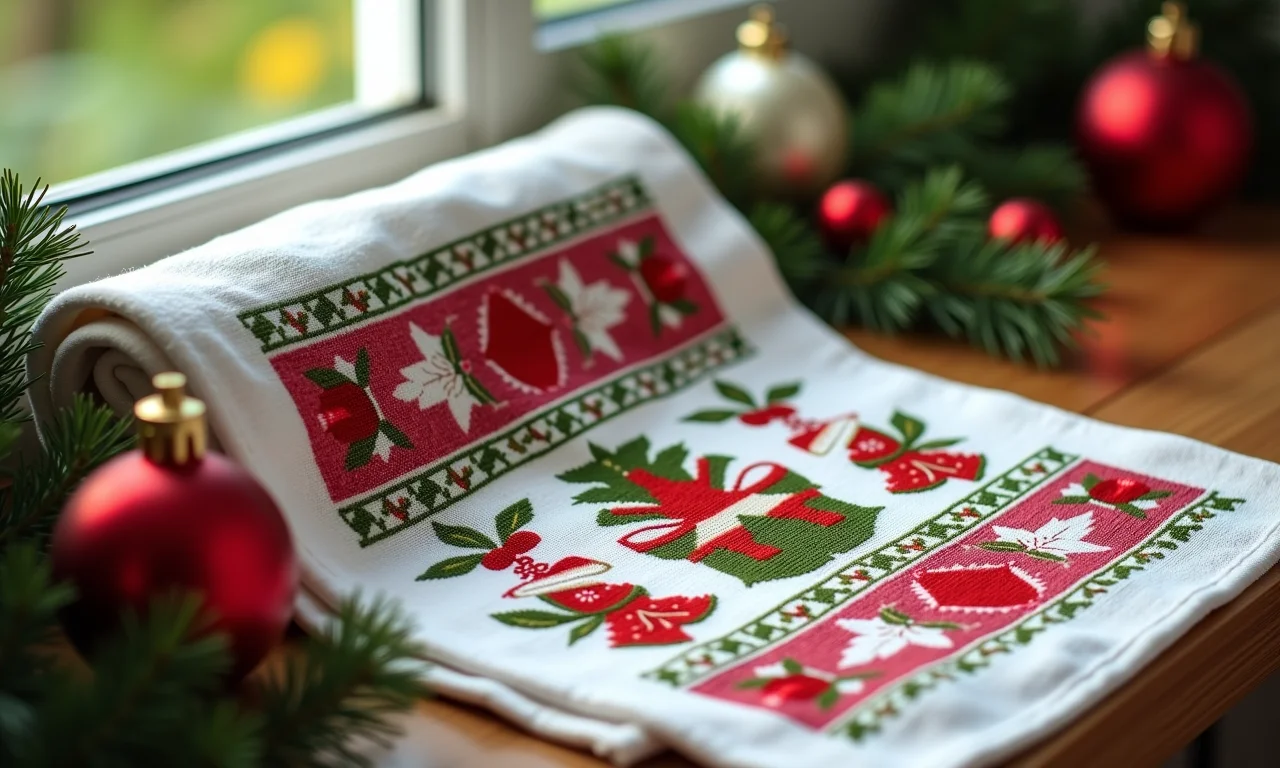 Toalha de ponto cruz com temas natalinos festivos.