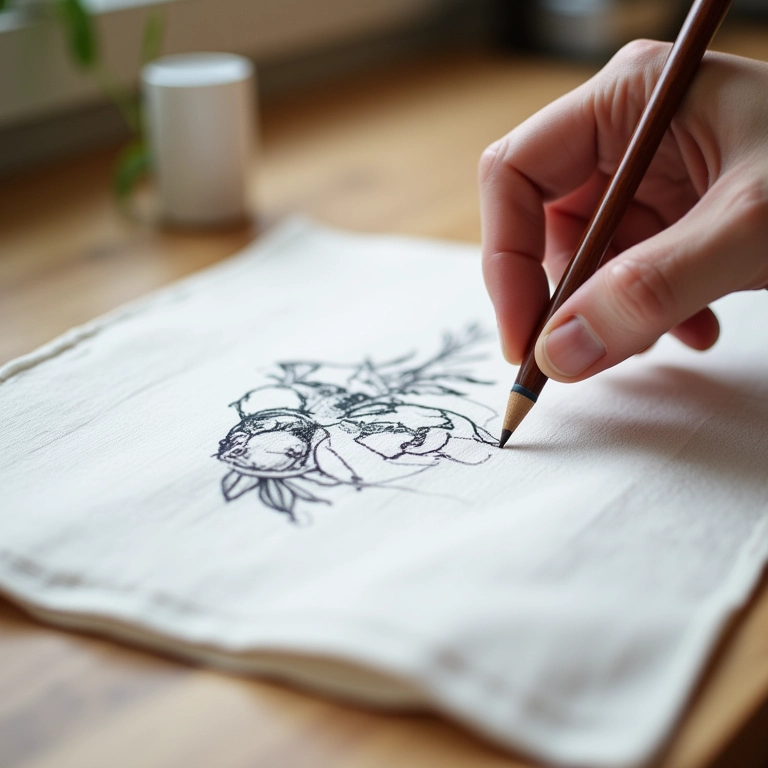 Transferindo o desenho para o pano de prato com papel vegetal.