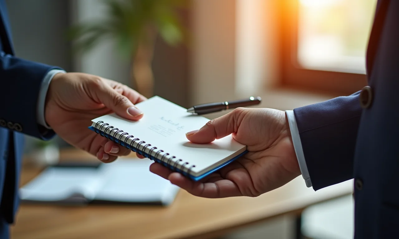Troca de um caderno e caneta úteis como lembrancinha corporativa.
