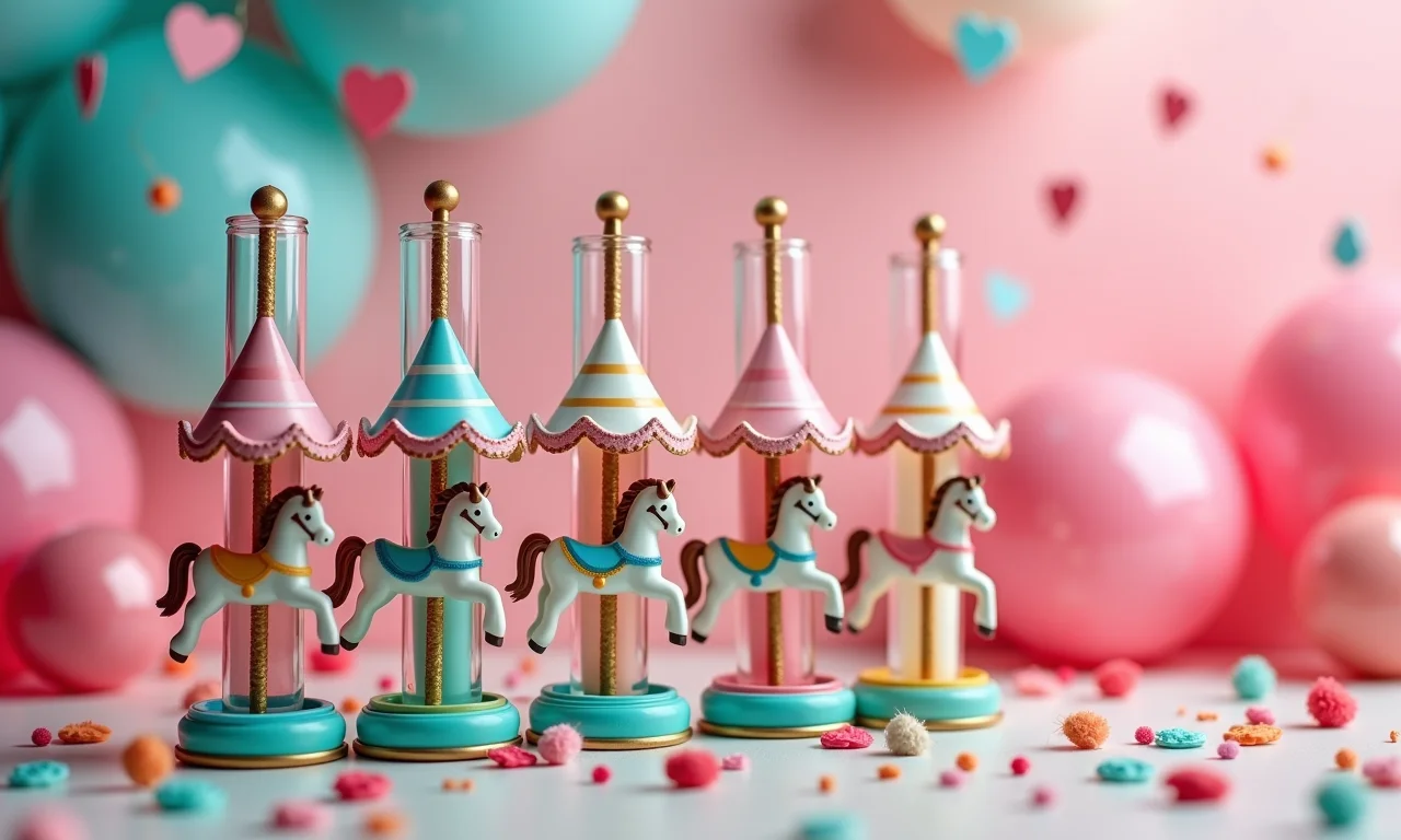 Tubetes decorados com cavalinhos e detalhes temáticos de carrossel.