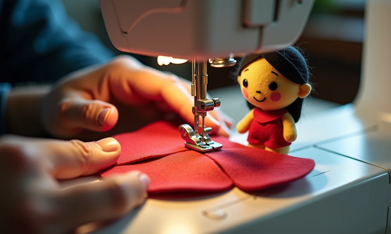 Usando a máquina de costura para feltro na confecção da Galinha Pintadinha.