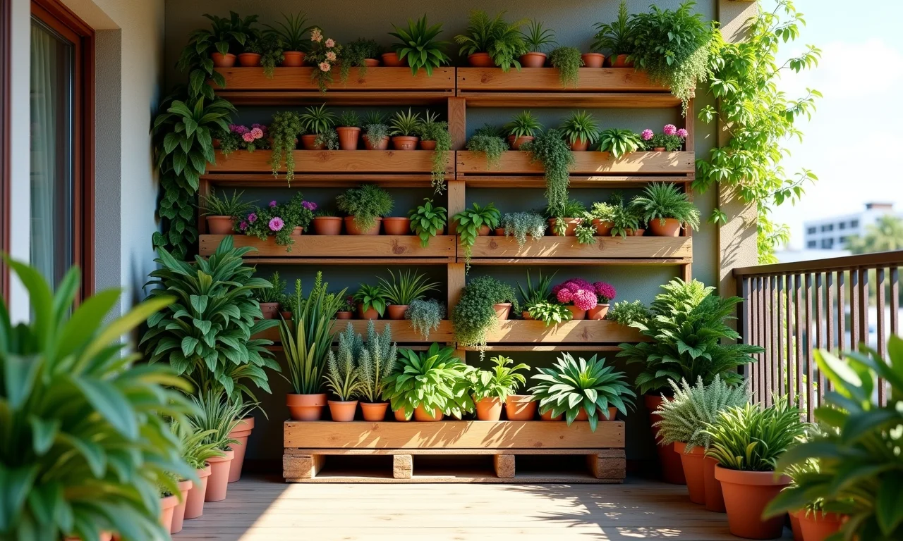 Varanda brasileira com jardim vertical de paletes, plantas e flores.