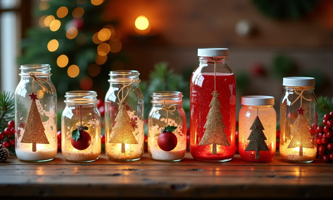 Várias lembrancinhas de Natal feitas com potes de vidro decorados em uma mesa de madeira rústica.