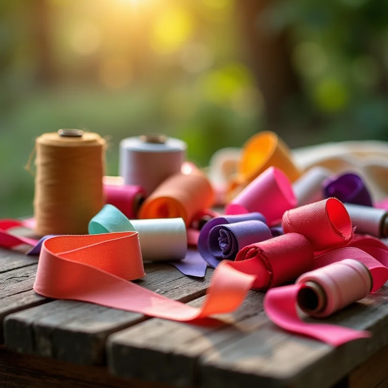 Variedade de fitas de cetim coloridas em ateliê brasileiro.