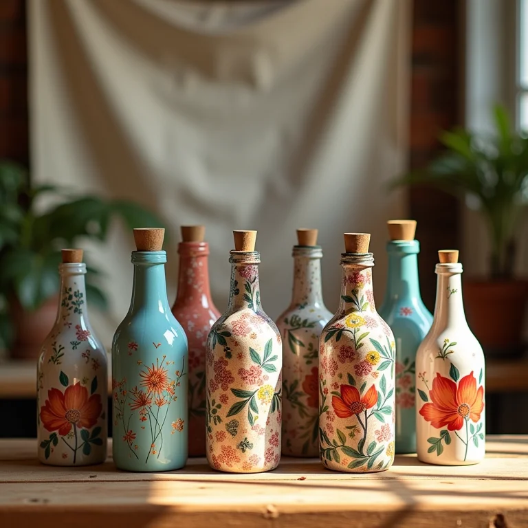 Variedade de garrafas com decoupage em mesa.