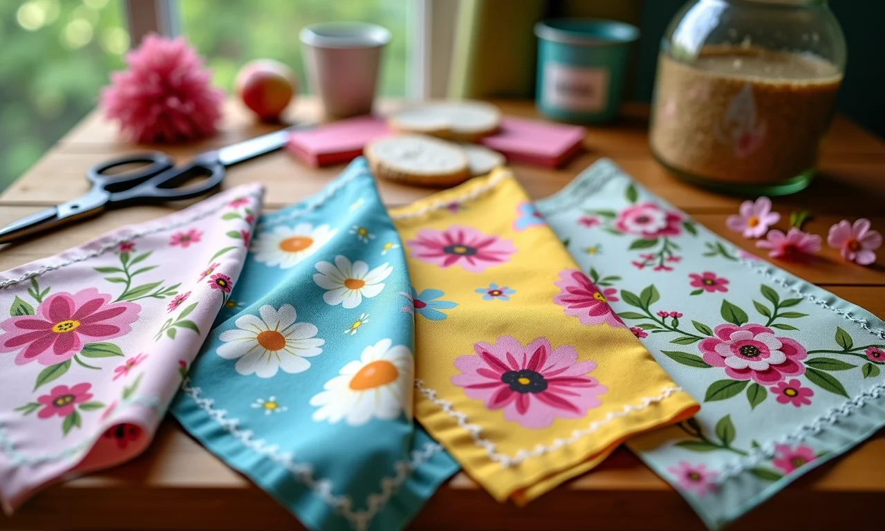 Variedade de guardanapos florais para decoupage em mesa de madeira.