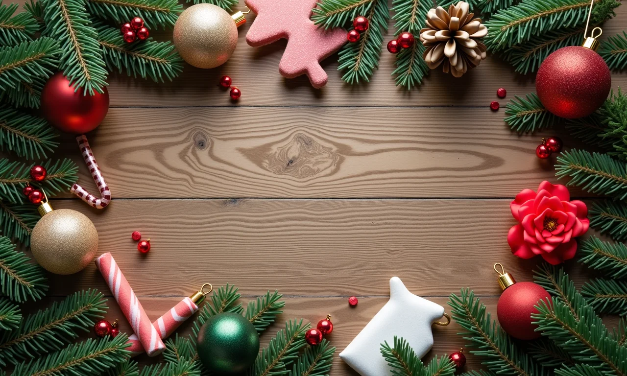 Variedade de materiais de artesanato natalino dispostos sobre superfície de madeira.