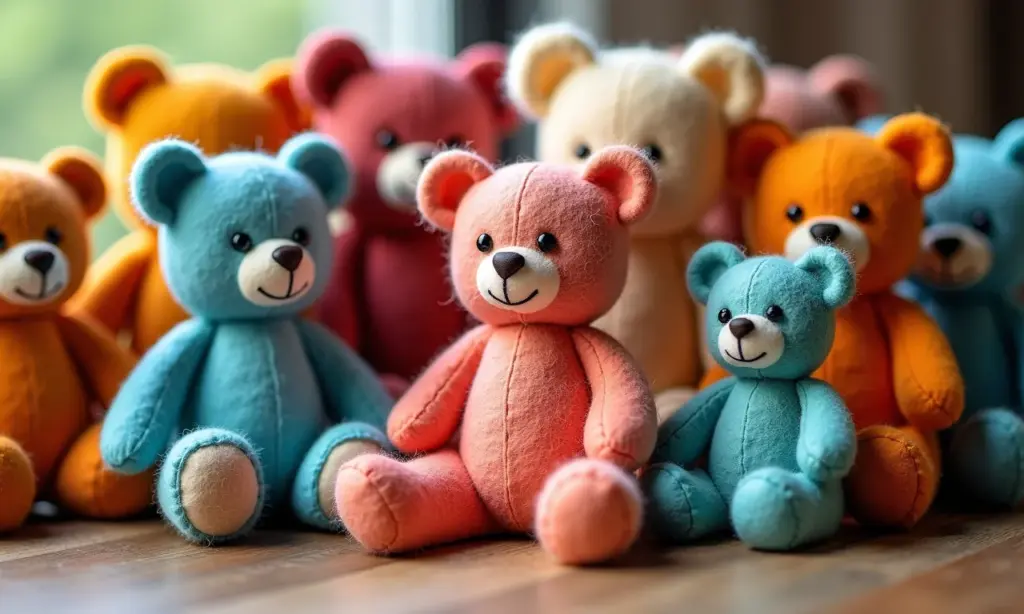 Variedade de moldes de ursos de feltro e tecido, tamanhos e padrões diferentes.