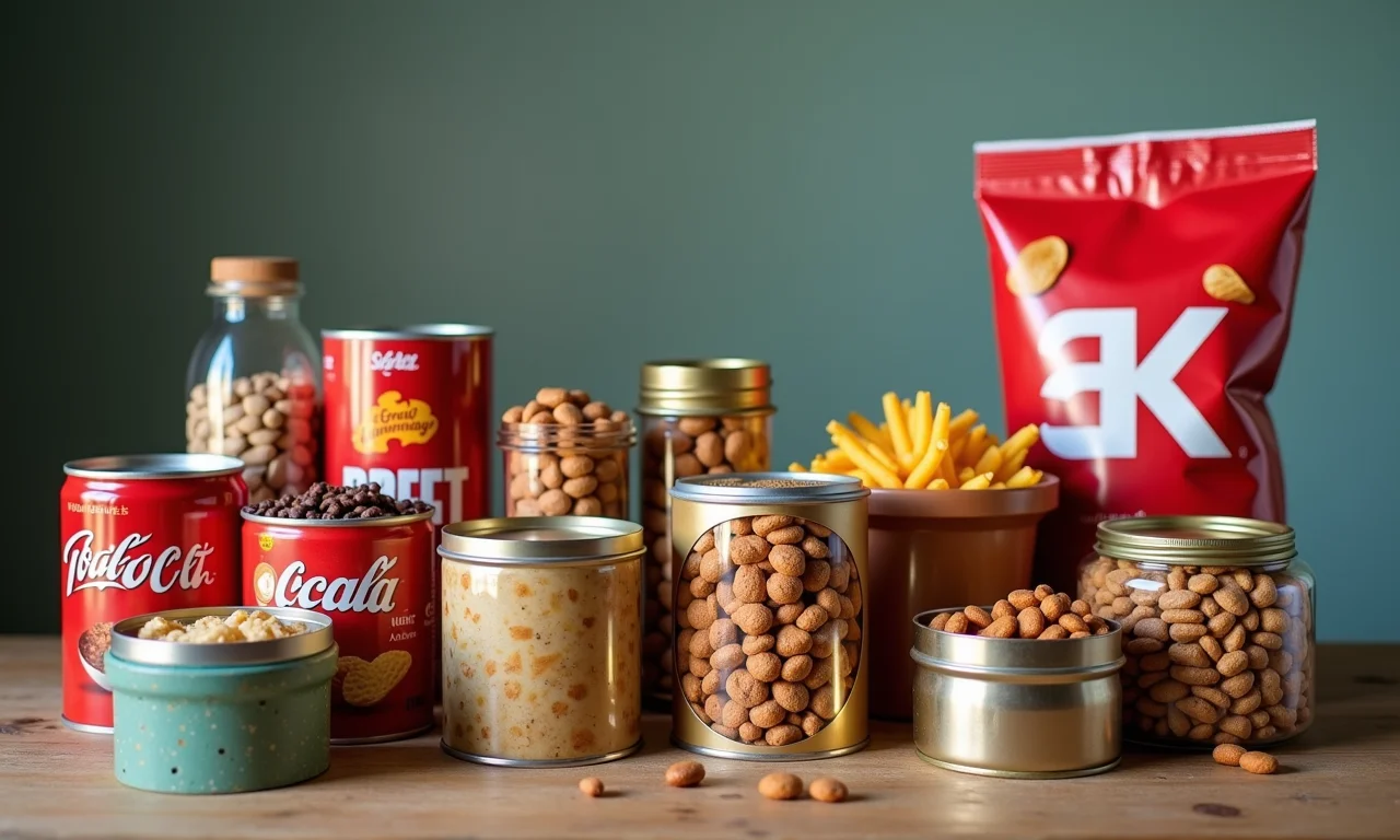 Vários materiais de embalagem reaproveitados em uma mesa: latas de café, biscoitos, caixas de cereal.