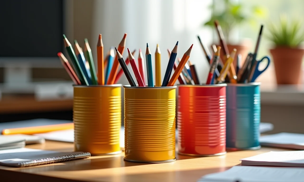 Vários porta-lápis feitos de latas de batata frita decoradas em uma mesa.