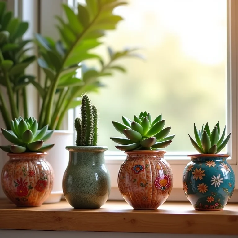 Vasinhos decorados com suculentas em prateleira de madeira