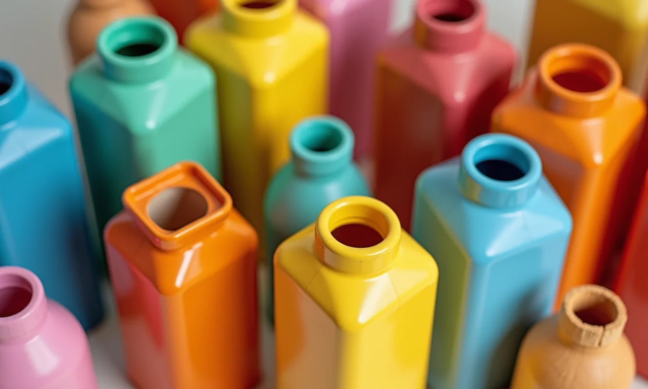 Vasos coloridos feitos de caixas de leite, detalhes artísticos.