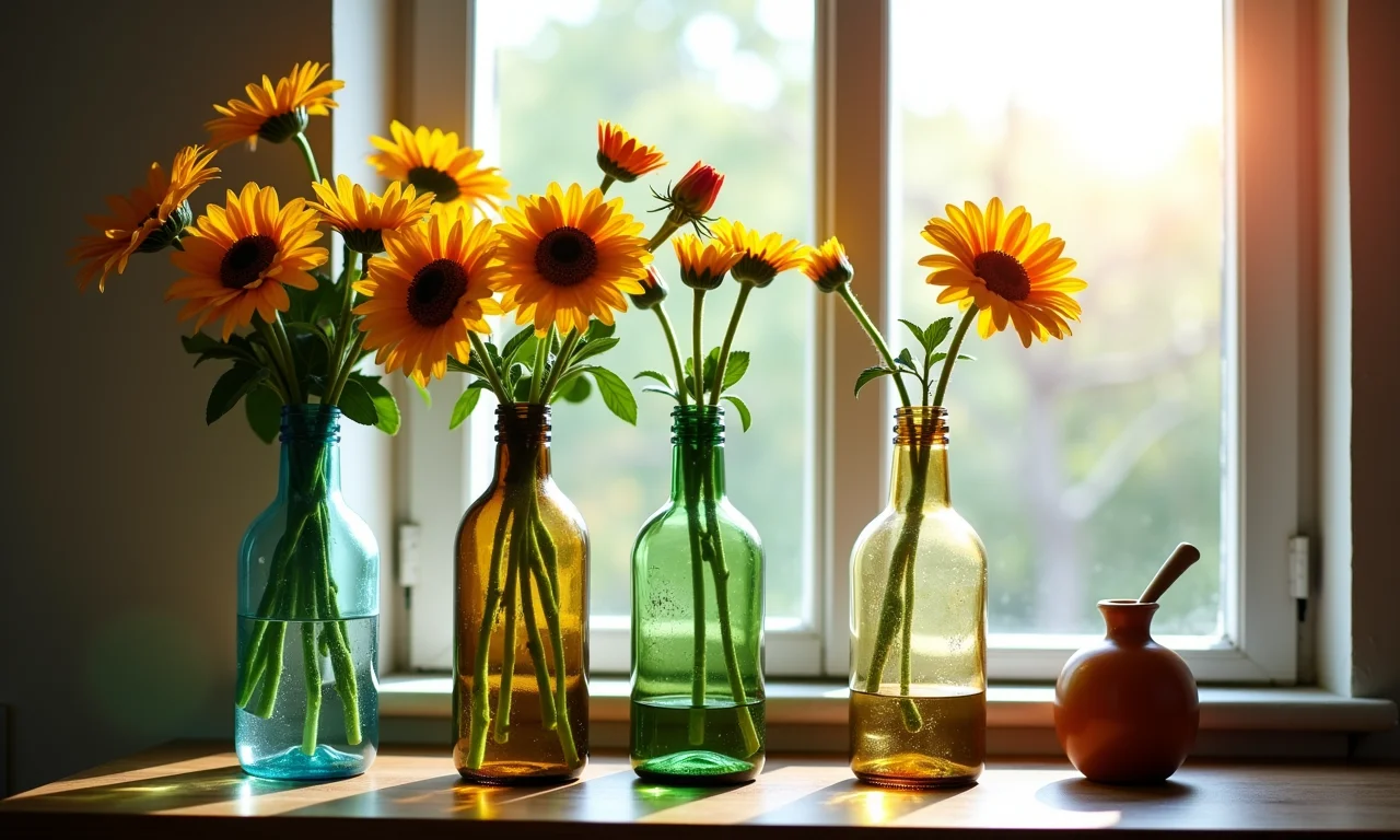 Vasos de flores rústicos feitos de garrafas de vidro recicladas.