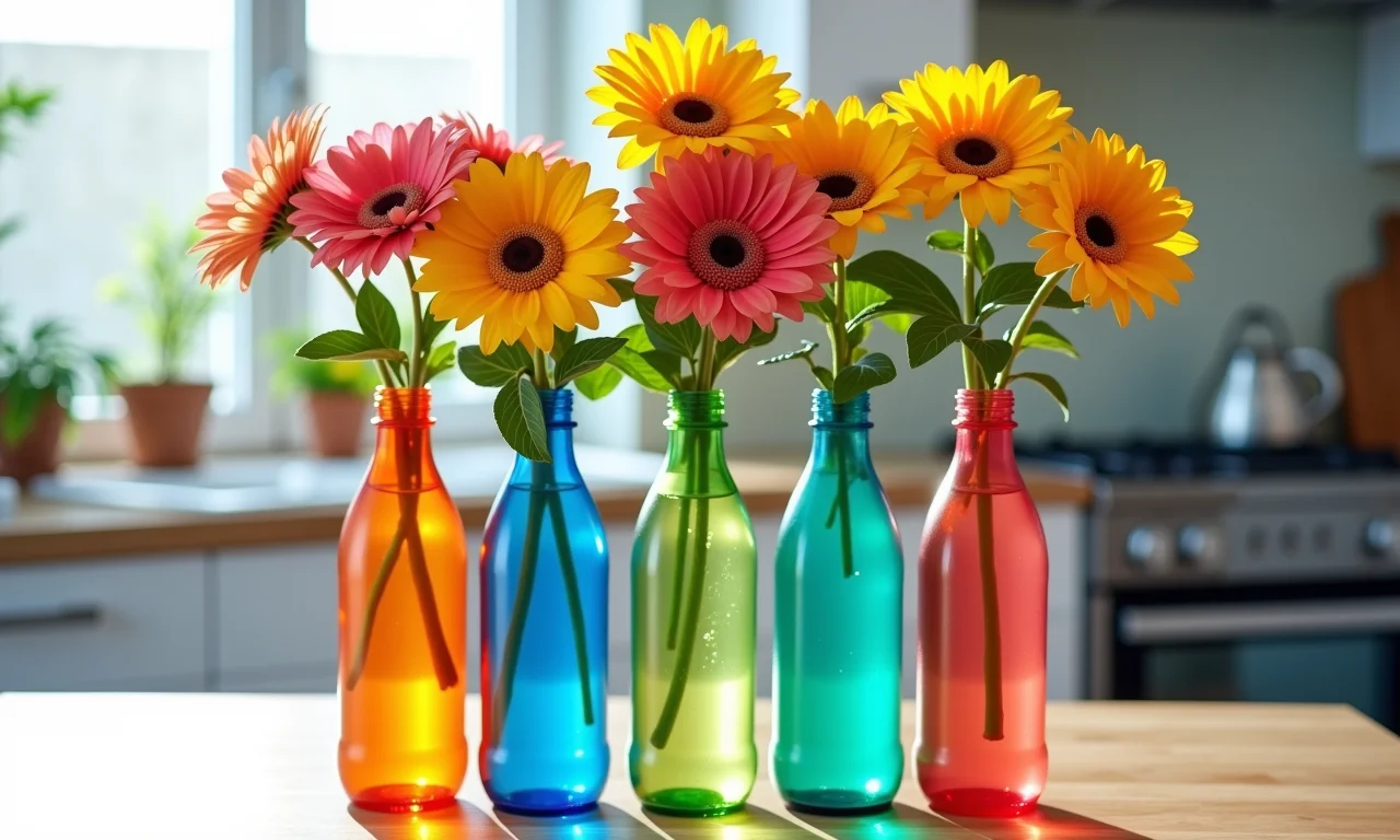 Vasos de garrafa PET com flores coloridas decorando a casa.