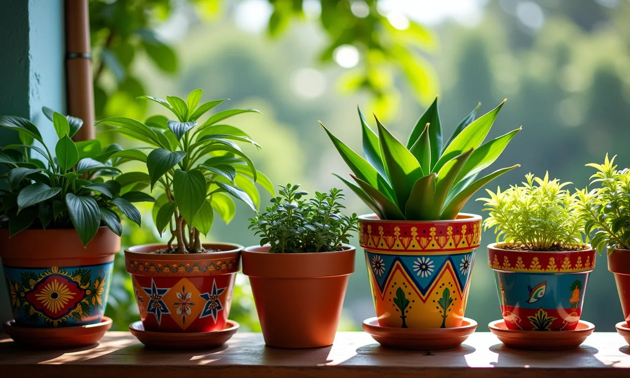 Vasos de plantas decorados com cores vibrantes em uma varanda.
