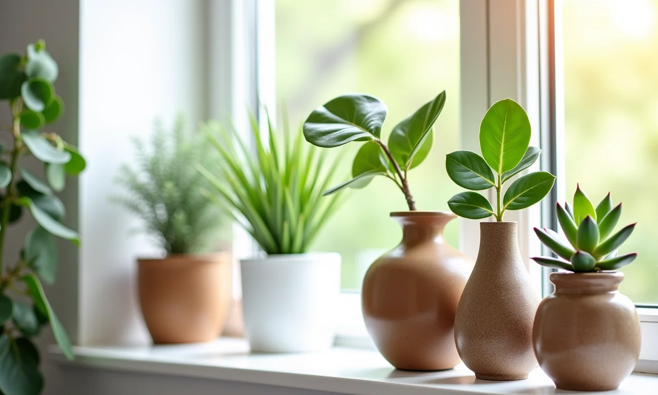 Vasos decorativos trazem verde e vida para o quarto.