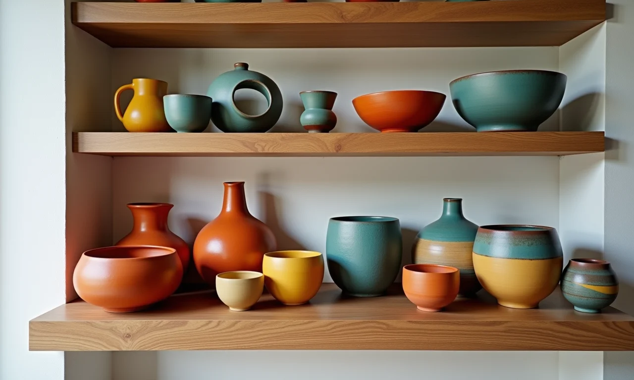 Vasos e tigelas de cerâmica artesanal expostos em uma prateleira de madeira.