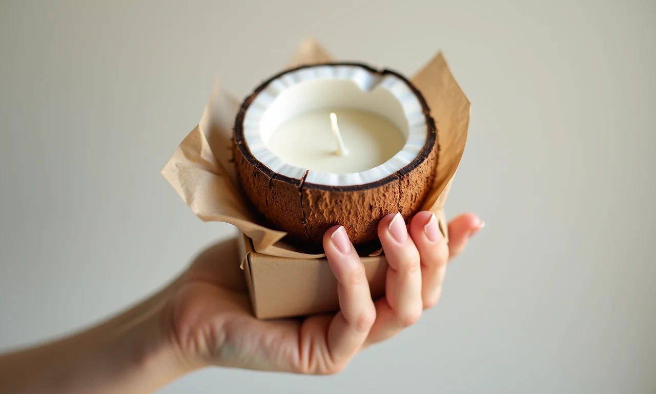 Vela em casca de coco para presentear.