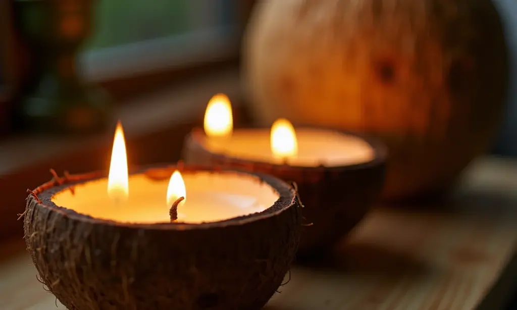Uma vela natural e rústica para decorar e perfumar Vela rústica em casca de coco acesa, iluminação natural, decoração brasileira.