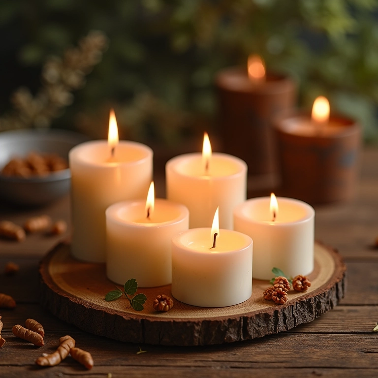 Velas aromáticas artesanais em mesa de madeira rústica.