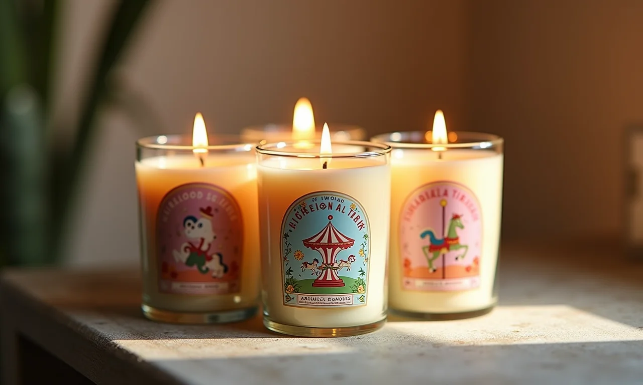 Velas aromáticas com cheirinho de infância e rótulos temáticos de carrossel.