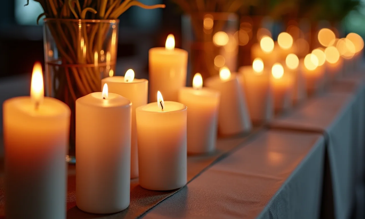 Velas aromáticas como lembrancinhas de casamento em uma mesa com iluminação suave.