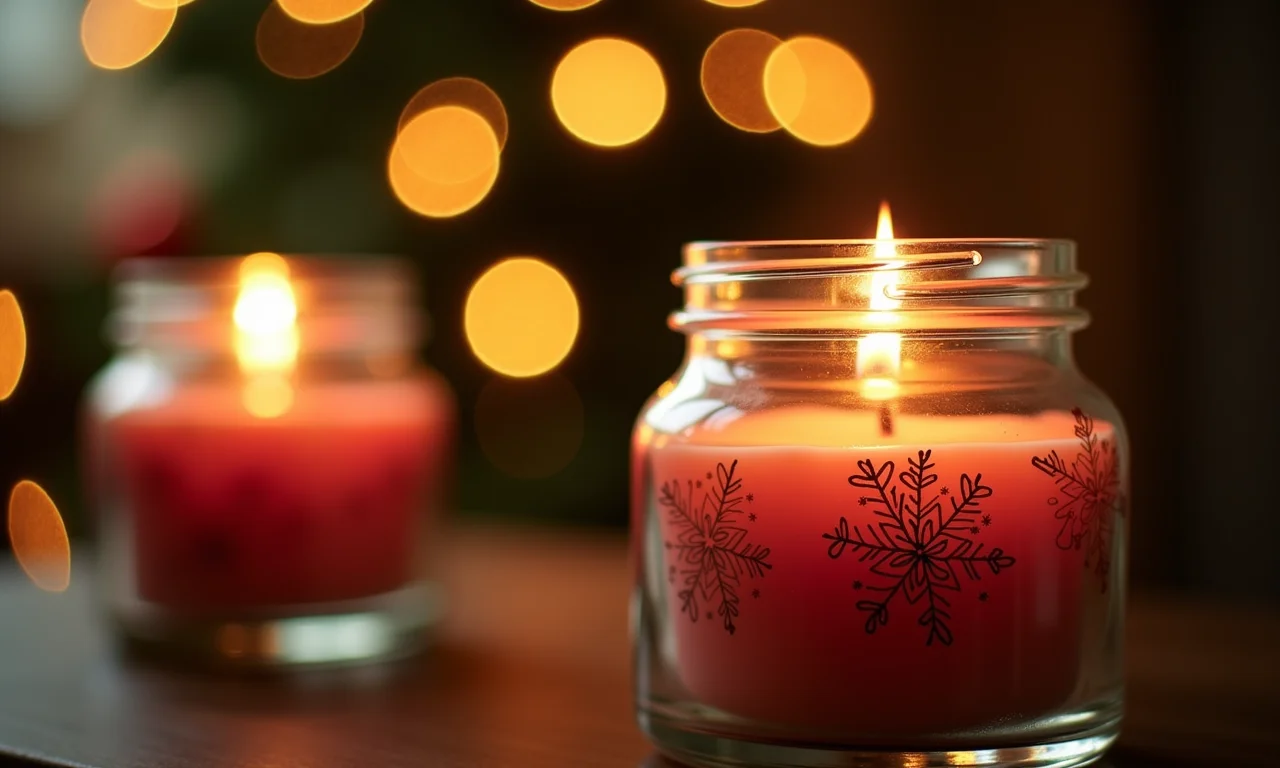 Velas aromáticas em potes de vidro decorados, brilhando suavemente com luzes de Natal ao fundo.